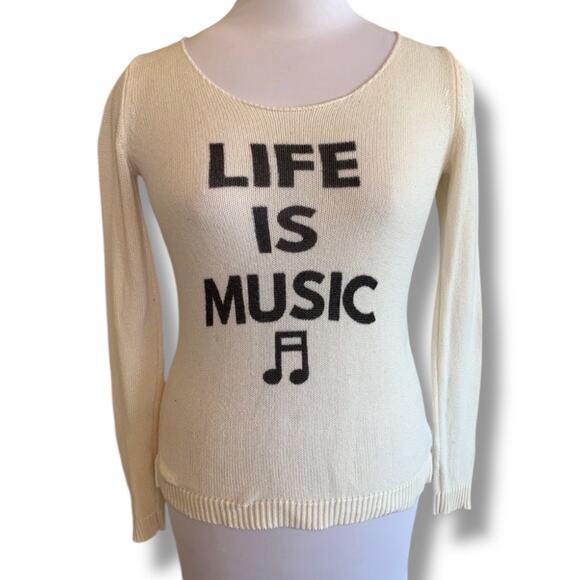 Hot Topic Life Is Music Sweater Cream Black Crisscross Open Back Size Small - Picture 2 of 8